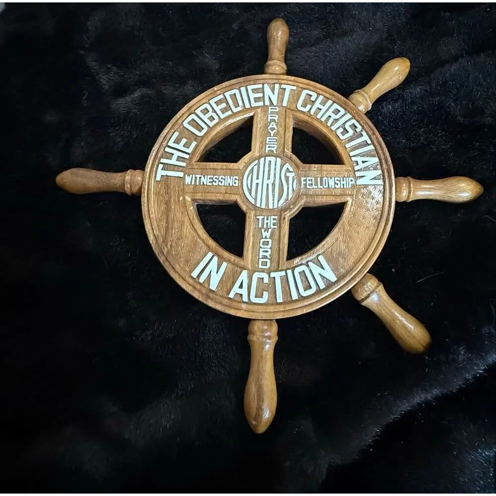Vintage Wooden The Obedient Christian Wheel Wall Art 1970s Ships Wheel